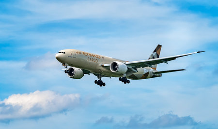 AIRPORT FRANKFURT,GERMANY: JUNE 23, 2017: Boeing 777F Etihad Airways is a flag carrier and the second-largest airline of the UAE Its head office is in Khalifa Cityのeditorial素材
