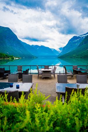 Beautiful Nature Norway natural landscape. Cafe on the nature background
