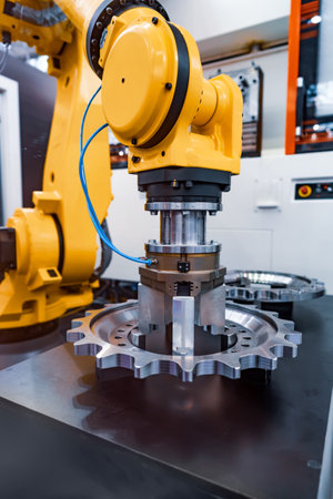 Robotic Arm production lines modern industrial technology. Automated production cell.のeditorial素材