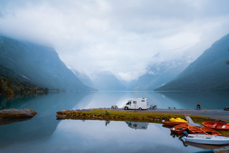 Family vacation travel RV, holiday trip in motorhome, Caravan car Vacation. Beautiful Nature Norway...