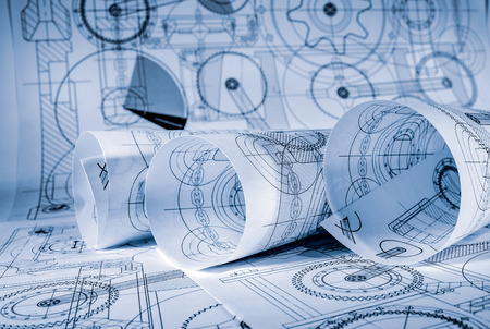 Technical drawings in a blue toningの写真素材