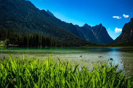 Lake Dobbiaco in the Dolomites, Beautiful Nature Italy natural landscape Alps.の写真素材