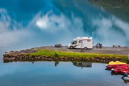 Family vacation travel RV, holiday trip in motorhome, Caravan car Vacation. Beautiful Nature Norway natural landscape.の写真素材