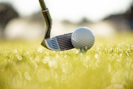 Golf club and ball on tee in front of driver