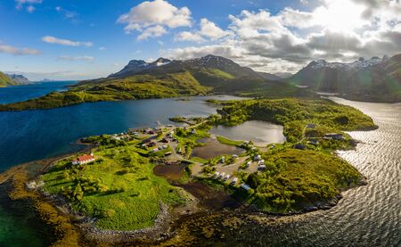 Beautiful Nature Norway natural landscape. Aerial view of the campsite to relax. Family vacation...