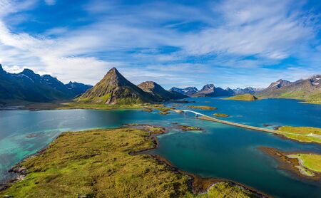 Fredvang Bridges Panorama. Lofoten islands is an archipelago in the county of Nordland, Norway.の写真素材