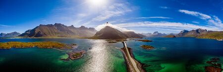Fredvang Bridges Panorama. Lofoten islands is an archipelago in the county of Nordland, Norway.の写真素材