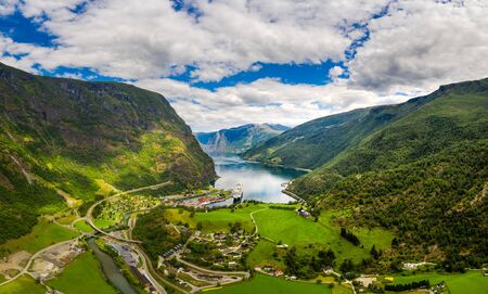 Aurlandsfjord Town Of Flam at dawn. Beautiful Nature Norway natural landscape.の写真素材