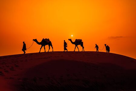 Cameleers, camel Drivers at sunset. Thar desert on sunset Jaisalmer, Rajasthan, India.の写真素材
