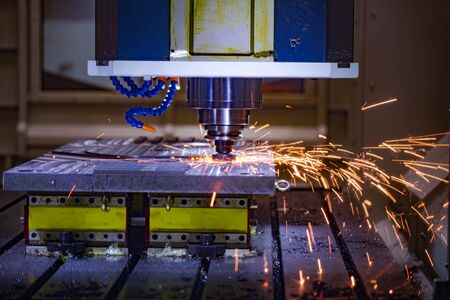 Metalworking CNC lathe milling machine. Cutting metal modern processing technology.