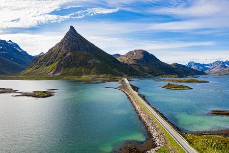 Fredvang Bridges Panorama. Lofoten islands is an archipelago in the county of Nordland, Norway.の写真素材