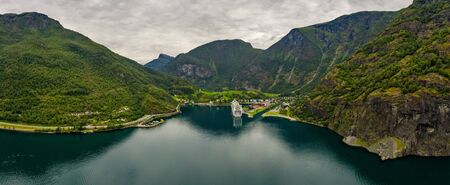 Aurlandsfjord Town Of Flam at dawn. Beautiful Nature Norway natural landscape.