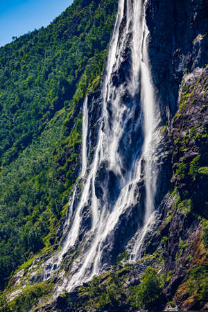 Geiranger fjord, waterfall Seven Sisters. Beautiful Nature Norway natural landscape.の写真素材