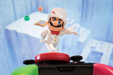 MOSCOW, RUSSIA - August 22, 2020: Super Mario Bros figure character. Super Mario is a Japanese platform video game series and media franchise created by Nintendo and featuring their mascot, Mario.のeditorial素材