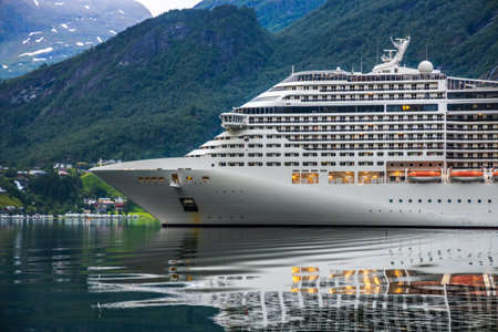 Cruise Ship, Cruise Liners On Geiranger fjord, Norway. The fjord is one of Norway's most visited tourist sites. Geiranger Fjord, a UNESCO World Heritage Siteのeditorial素材