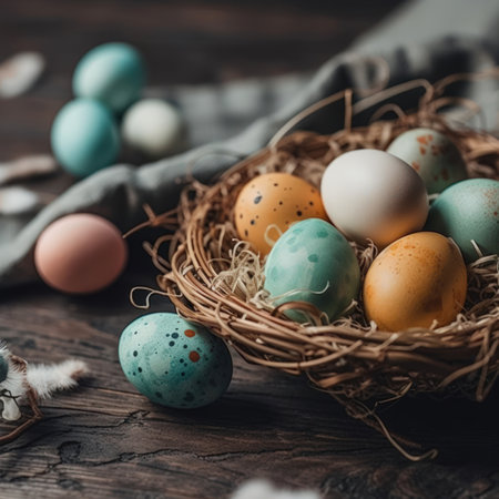 Easter colored eggs in a basketの素材