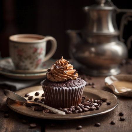 Chocolate cupcake and offee with mint on wooden tableの素材
