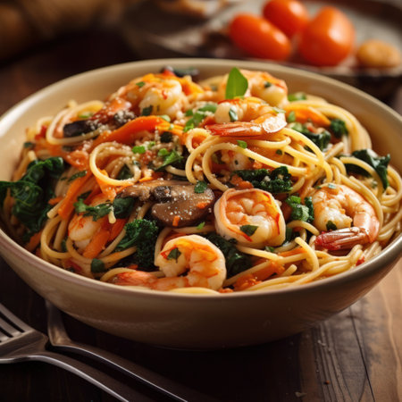 Pasta spaghetti with shrimps on the table.の素材