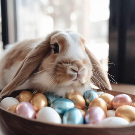 Easter colored eggs and the easter bunny. Happy Easter.の素材