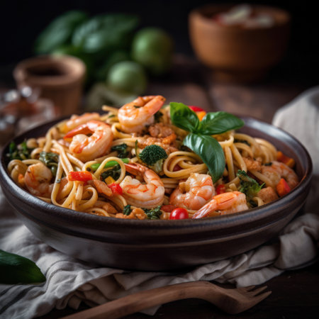 Pasta spaghetti with shrimps on the table.の素材