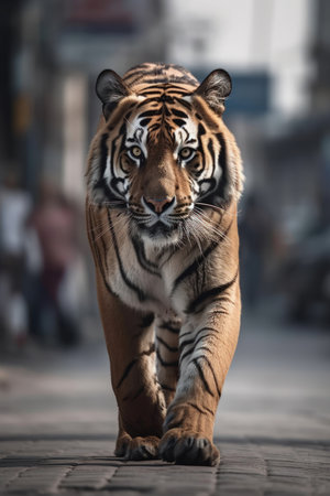 Tiger is walking down a city street.の素材