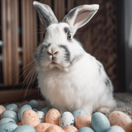 Easter colored eggs and the easter bunny. Happy Easter.の素材