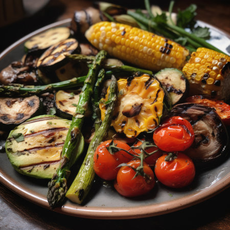 Grilled vegetables on wooden table.の素材