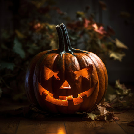 Scary old jack-o-lantern on black background.の素材