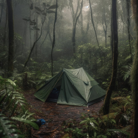 rain over forest. The tent of tourists in the pouring rain.の素材