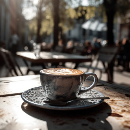 Cup of coffee on the table of an outdoor cafeの素材