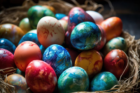 Easter colored eggs in a basket Generative AI.の素材