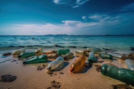 Plastic bottles in the ocean against the sky. Pollution awareness. Generative AIの素材