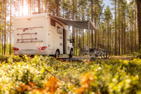 Family vacation travel RV, holiday trip in motorhome, Caravan car Vacation.