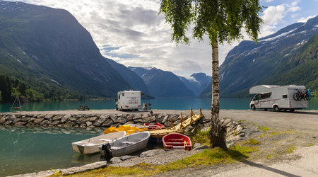Family vacation travel RV, holiday trip in motorhome, Caravan car Vacation.の写真素材