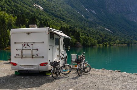 Family vacation travel RV, holiday trip in motorhome, Caravan car Vacation.の写真素材