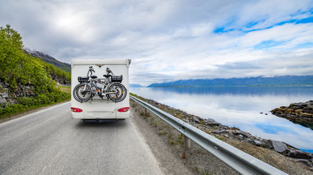 Family vacation travel RV, holiday trip in motorhome, Caravan car Vacation.の写真素材