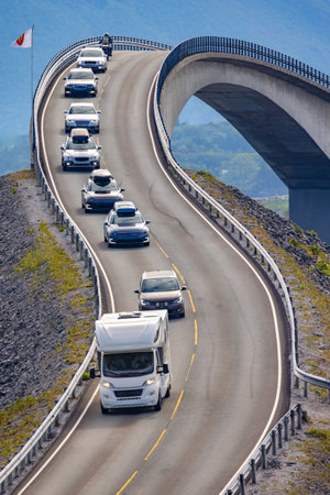 Traffic on Atlantic Ocean Road or the Atlantic Road (Atlanterhavsveien) was awarded the title as (Norwegian Construction of the Century).の写真素材