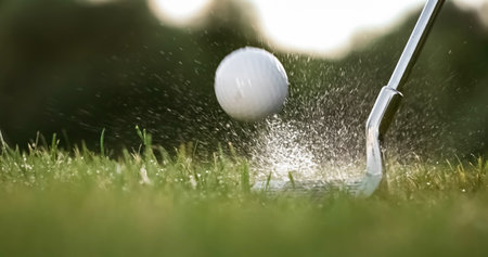 Golf club hits a golf ball. Drops of morning dew and grass particles rise into the air after the impact.の写真素材