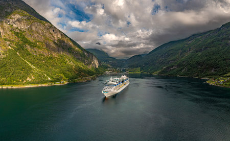 Geiranger fjord, Beautiful Nature Norway. It is a 15-kilometre (9.3 mi) long branch off of the Sunnylvsfjorden, which is a branch off of the Storfjorden aerial photography.の写真素材