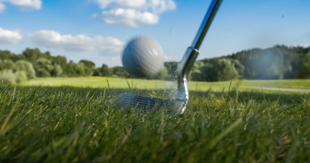 Golf club hits a golf ball. Drops of morning dew and grass particles rise into the air after the impact.の写真素材