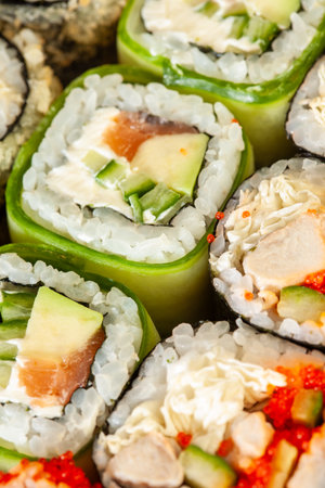 Tasty food. Sushi Roll background...の写真素材