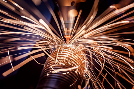 CNC Laser and gas cutting of metal, modern industrial technology Making Industrial Details. The laser optics and CNC are used to direct the material or the laser beam generated.の写真素材