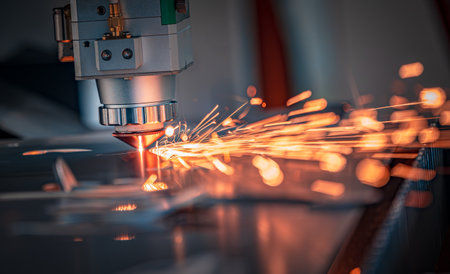 CNC Laser cutting of metal, modern industrial technology Making Industrial Details. The laser optics...