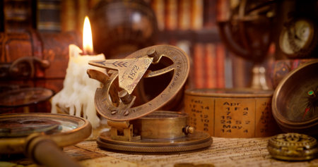 Vintage style travel and adventure. Vintage old compass and other vintage items on the table.の写真素材