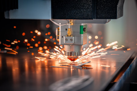 CNC Laser cutting of metal, modern industrial technology Making Industrial Details. The laser optics...