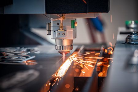 CNC Laser cutting of metal, modern industrial technology Making Industrial Details. The laser optics...