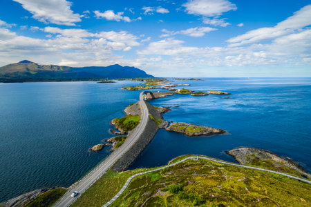 Atlantic Ocean Road or the Atlantic Road (Atlanterhavsveien) was awarded the title as Norwegian Construction of the Century. The road classified as a National Tourist Route. Aerial photographyの写真素材