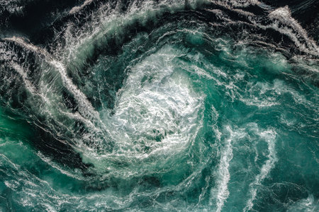 Blue waves of water of the river and the sea meet each other during high tide and low tide. Whirlpools of the maelstrom of Saltstraumen, Nordland, Norway.の写真素材