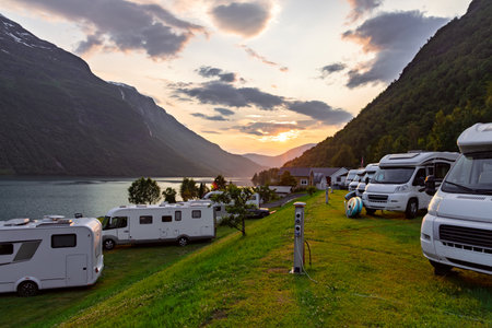 Family vacation travel RV, holiday trip in motorhome, Caravan car Vacation. Beautiful Nature Norway.の写真素材