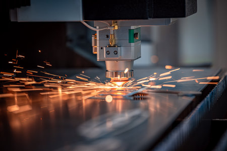 CNC Laser cutting of metal, modern industrial technology Making Industrial Details. The laser optics and CNC (computer numerical control) are used to direct the material or the laser beam generated.の写真素材